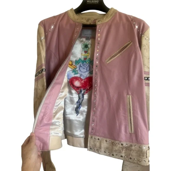 Wilsons Leather Moto Jacket Vintage Rare Biker Woman Distressed XL Pink Tattoo
